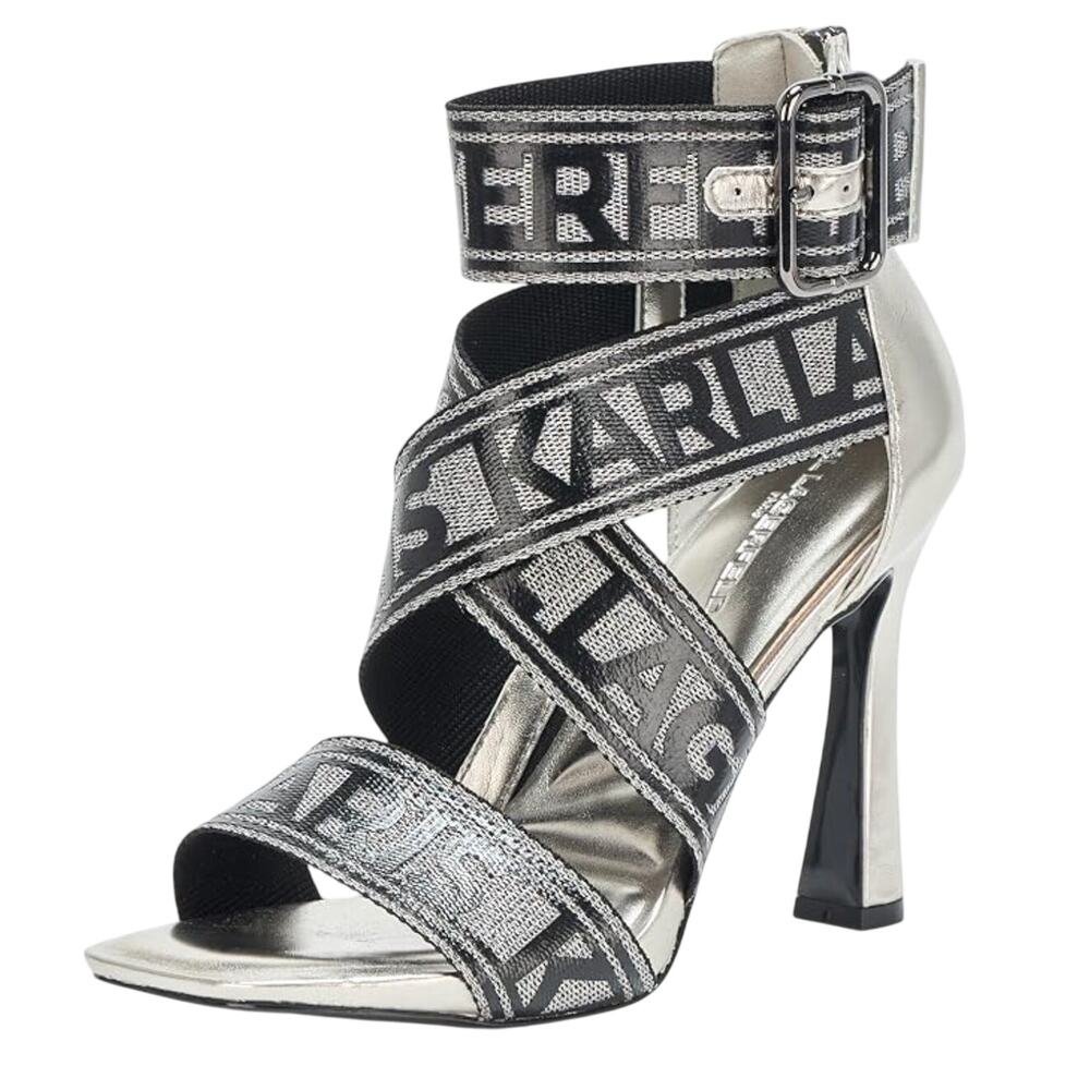 Karl Lagerfeld Paris Metallic Logo Strap Dress high heel Sandals 8.5 women NWOT